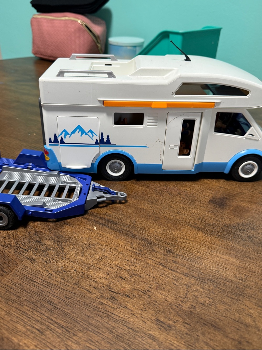 White and Blue Toy Camper with Orange Accent - Kids Vehicle Playset